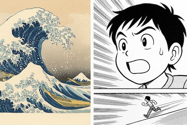 Side-by-side visual of Hokusai’s Great Wave woodblock print and a modern manga panel, showing the influence of traditional Japanese graphic style on contemporary comics