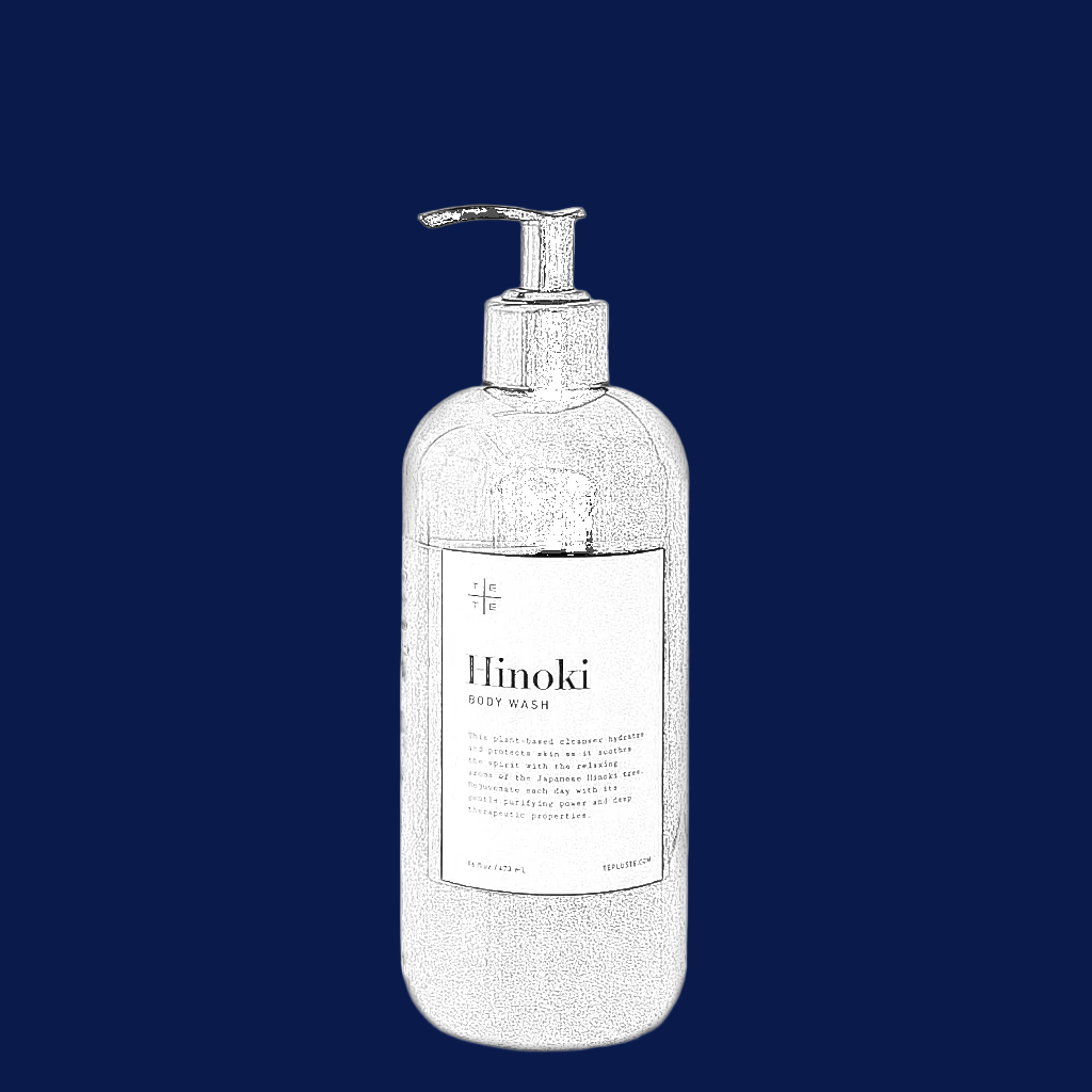 Hinoki body wash in drwaing black and white