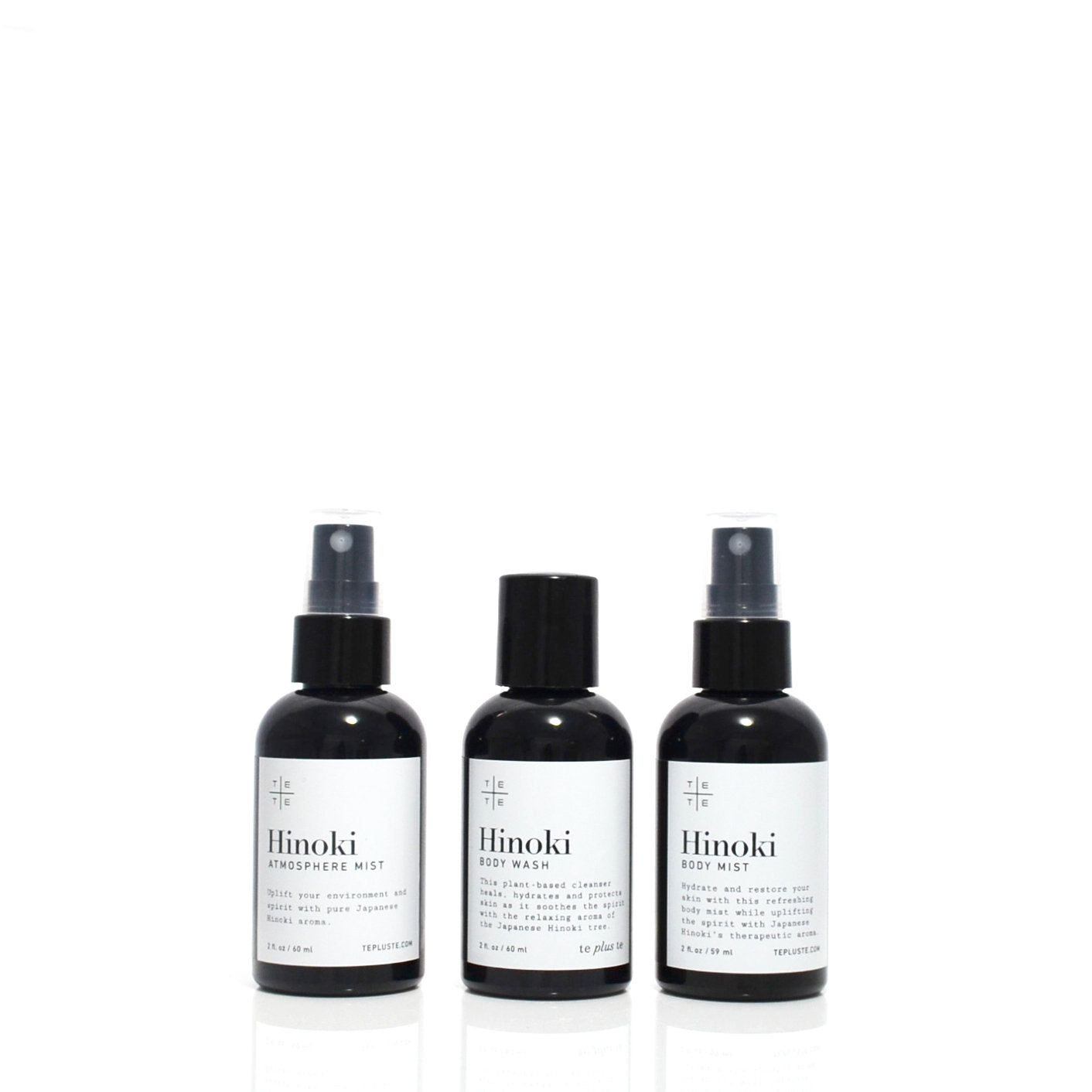 Three Hinoki skincare products on a white background