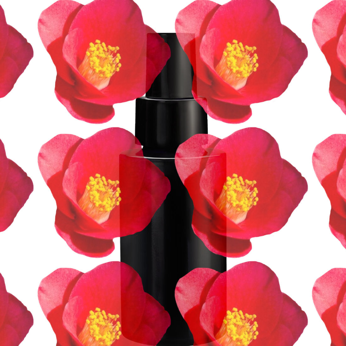 Black cylindrical container with red floral pattern